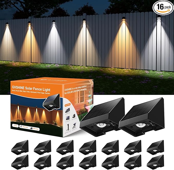 16 Pack Solar Powered Fence Lights Outdoor Wall Mount Decorative Waterproof Down LED for Deck, Outside Stairs, Pool Cage, Patio, Backyard, Garden, Bright 3 Color Temperatures Lamp with Easy to Install