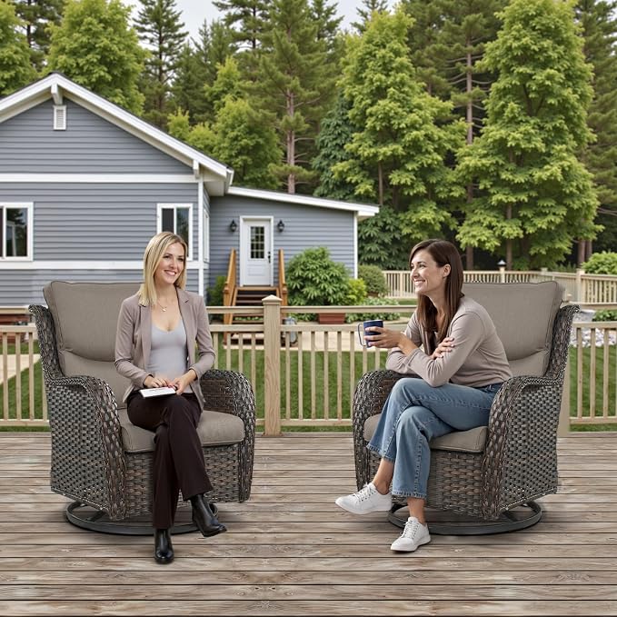 Outdoor Swivel Rocker Patio Chairs Set of 4-5" Thick Cushion 4 Piece Furniture Set All Weather Comfortable Wicker Conversation Set for Porch Poolside and Deck - Brown/Gray