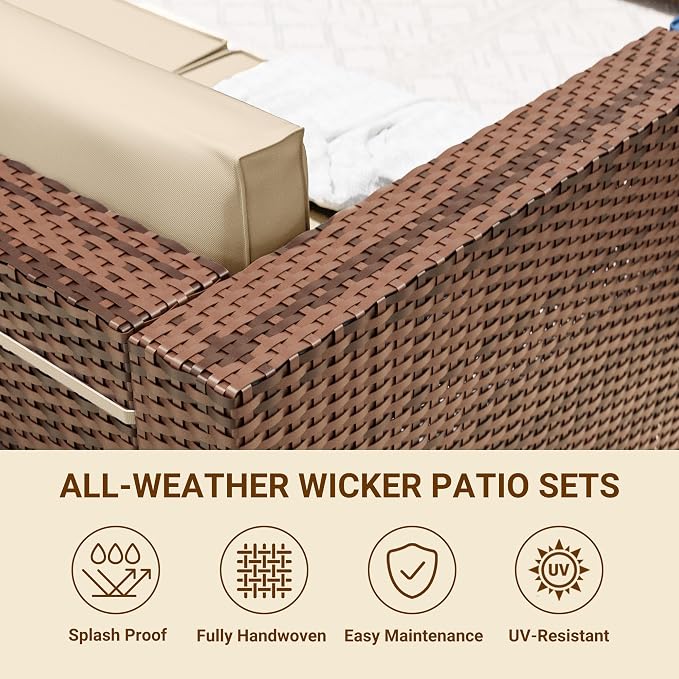 Patio Furniture Set with 44'' Propane Gas Firepit Table, 10 PCS Modular Outdoor Sectional Conversation Sets, All-Weather Wicker Patio Set for Backyard, Beige (Waterproof Covers Included)