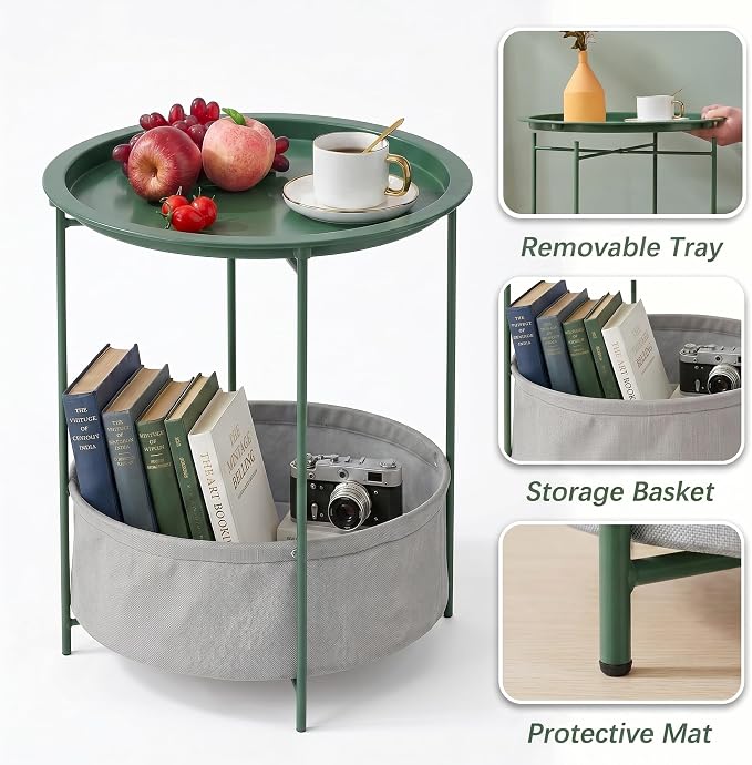 VECELO Round Side/End Table with Fabric Storage Basket，Metal Anti-Rust and Waterproof Small Bedside Nightstand with Removable Tray Top for Living Room，Balcony & Laundry，Dark Green /2pcs with Basket
