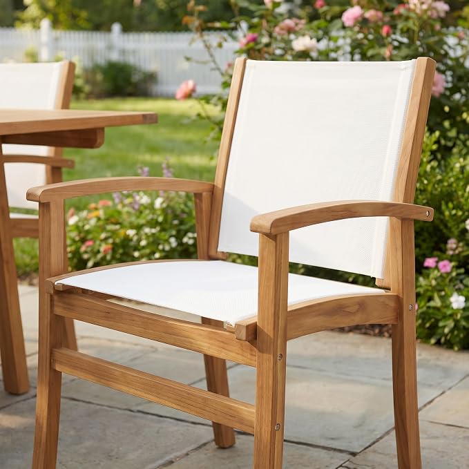 SUNSITT 7-Piece Outdoor Patio Dining Set, 55" - 71" Acacia Wood Expandable Table & 6 Breathable Textilene Mesh Chairs, All-Weather Patio Furniture w/Umbrella Hole for Backyard, Deck, Garden, White
