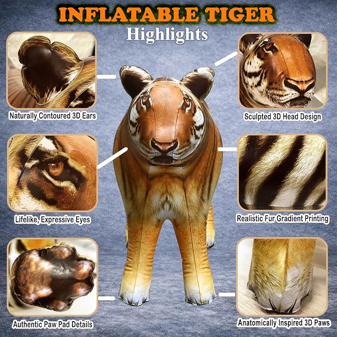 Jet Creations 40" Long Inflatable Tiger Toy, Orange-Yellow with Black Stripes, Realistic Jungle Animal Figure, Home Decor, Photo Prop, Thanksgiving Christmas Winter,Wildlife Safari Theme, 1 pc | Bold stripes, powerful stance and lifelike artwork captur...
