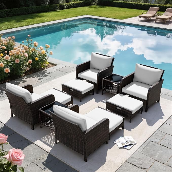 LEVELEVE Patio Conversation Set 5 Piece, Balcony Furniture Outdoor PE Rattan Wicker Lounge Chairs with Soft Cushions, 2 Ottomans & Glass Table for Porch Lawn, Brown (Ivory White Cushions