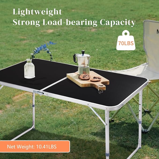 2 Pack Adjustable Height Folding Tables 4 Feet, Lightweight Fold-in-Half Utility Table for Outdoor Picnic BBQ Camping Fishing RV Beach, Aluminum Frame, MDF Desktop, with Carrying Handle