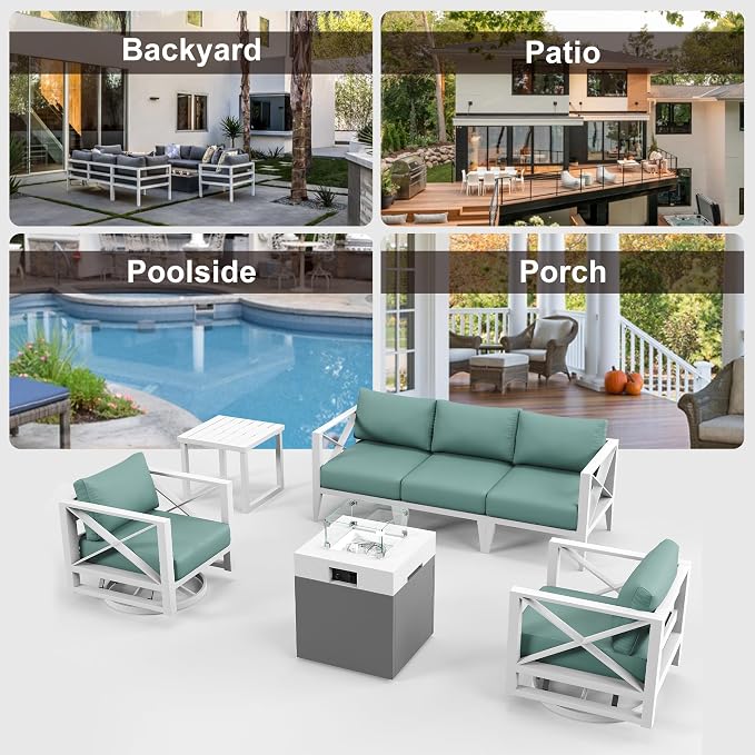 7-Piece Aluminum Patio Furniture Set with Fire Pit Table, Swivel Rocking Chairs & Oversized Sofa, All-Weather Outdoor Conversation Set for Backyard, Deck, Balcony – White