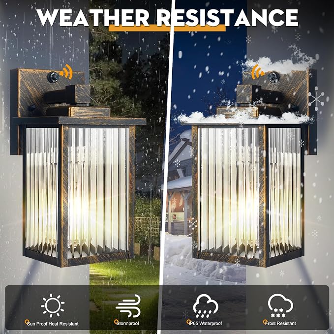 Black Brush Gold Dusk to Dawn Wall Mount Porch Lights | Auto On and Off, Anti-Rust Metal Frame, Tempered Glass, E26 Socket, Easy DIY Install on Porch, Garage