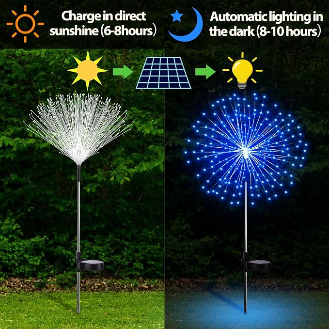 Tujoe 6 Pcs Christmas Solar Firework Stake Lights 180 LED 8 Modes Solar Waterproof LED Sparkler Lights Outdoor Decoration for Garden Patio Yard Pathway Walkway Lawn Xmas Winter Decor (Blue, White)