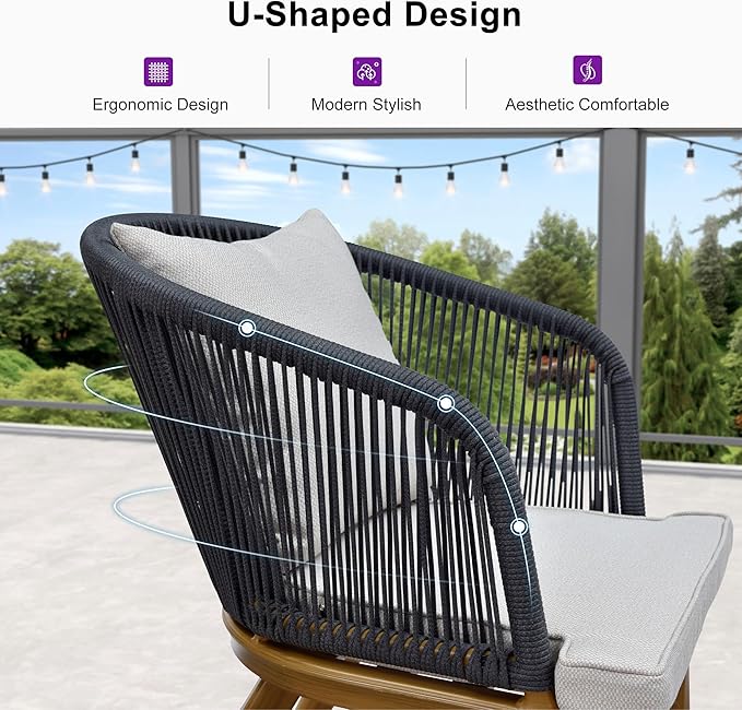 PURPLE LEAF 5 Pieces Patio Dining Set Wicker Outdoor Furniture Round Table and Chairs Set for Garden Deck Teak-Finish Aluminum Frame Backyard Kitchen Set, Cushions and Pillows Included