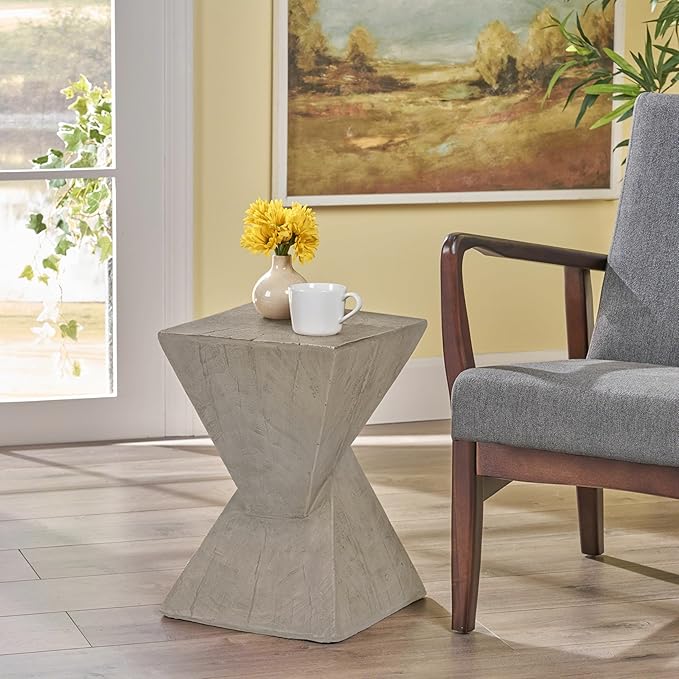 Lightweight Concrete Outdoor Side Table,Hourglass Shape End Table,Wood-Like Texture Modern Small Geometric Accent Tables for Patio Garden Balcony Porch, 12.25" H Light Gray