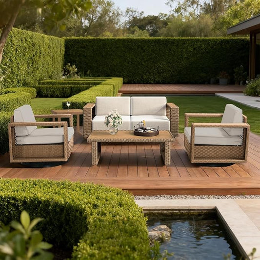 6 Pieces Outdoor Patio Furniture Set, Rocker Chairs and Sofa with 10 inch Thick Cushions and Steel Frame and Wooden Board, PE Rattan Weaving Outdoor Conversation Set Brown/Light Gray Linen