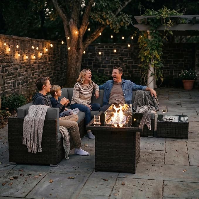 15 Pieces Patio Furniture Set with 44" Propane Gas Fire Pit Table, Outdoor Sectional Brown Rattan Wicker Conversation Sofa Sets with Coffee Table