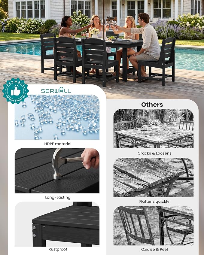 SERWALL Patio Dining Sets for 10 Person, HDPE Dining Set with 2 Tables, 8 Armless Chairs and 2 Armed Dining Chairs, Black