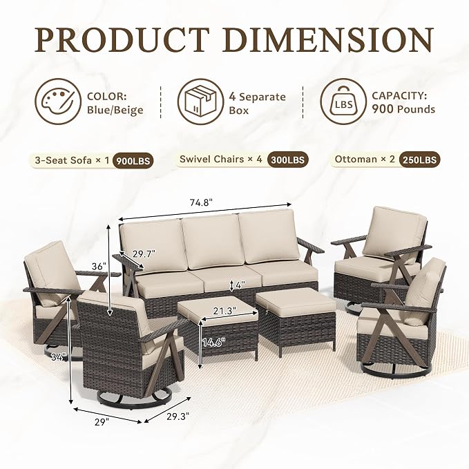 7 Pieces Patio Furniture Set,Outdoor Sofa & High Back Swivel Rocker Patio Chairs, Wicker Conversation Set with Ottoman for Deck Yard and Poolside