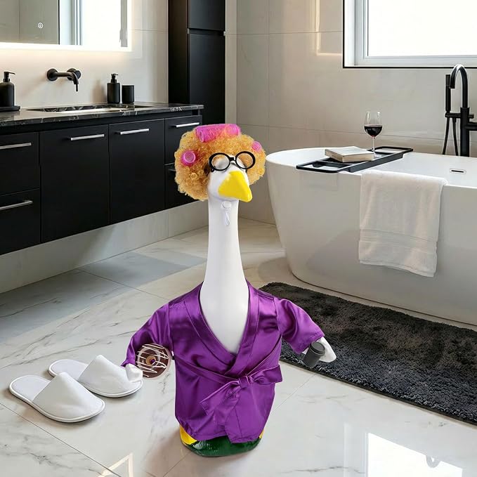 Porch Goose Robe Outfit Set for 23 Inch Goose Statue, Purple Silk Bathrobe with Wig Curlers Coffee Cup Donut Glasses, Elegant Funny Goose Clothes Decor (Purple Silk)