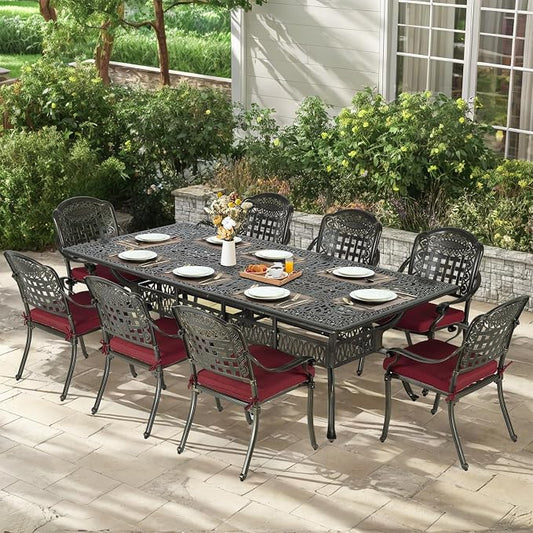 MEETWARM 9-Piece Outdoor Patio Dining Set for 8, All Weather Cast Aluminum Patio Funiture Table and Chairs Set- 94.5” Rectangular Table and 8 Cushioned Chairs for Garden, 2" Umbrella Hole, Chili Red