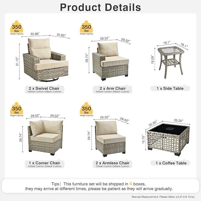 Weaxty 9 Pieces Patio Furniture Set, Outdoor Sectional Furniture Sofa Set w/Swivel Rocking Chairs Coffee Table, PE Wicker Modular Couch Conversation Set for Backyard Garden,Beige