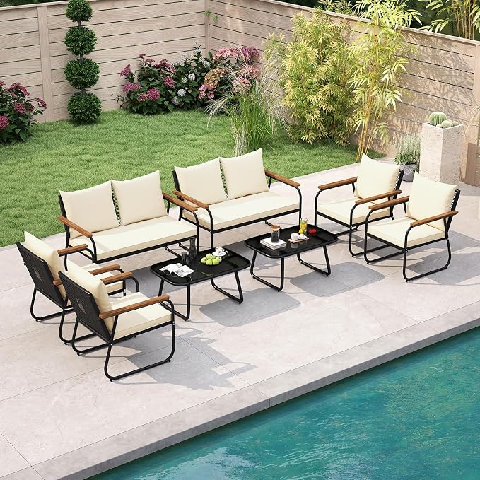 Tangkula 8 Pieces Wicker Patio Furniture Set, Outdoor Conversation Set with Tempered Glass Coffee Table, Rattan Cushioned Chairs with Acacia Wood Armrests for Garden, Yard and Poolside (Off White,4)