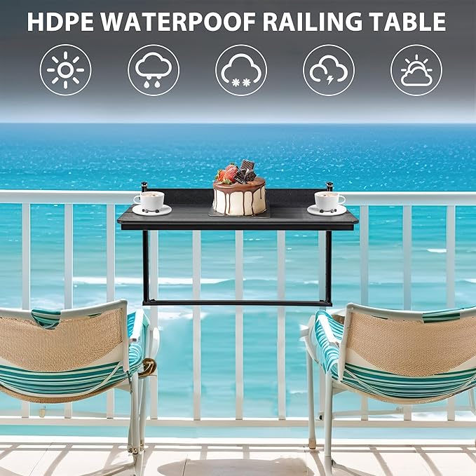 Sundale Outdoor 32" Large Folding Balcony Table for Railing, Patio HDPE Bar Adjustable Hanging Table for Baluster Garden Deck, Black