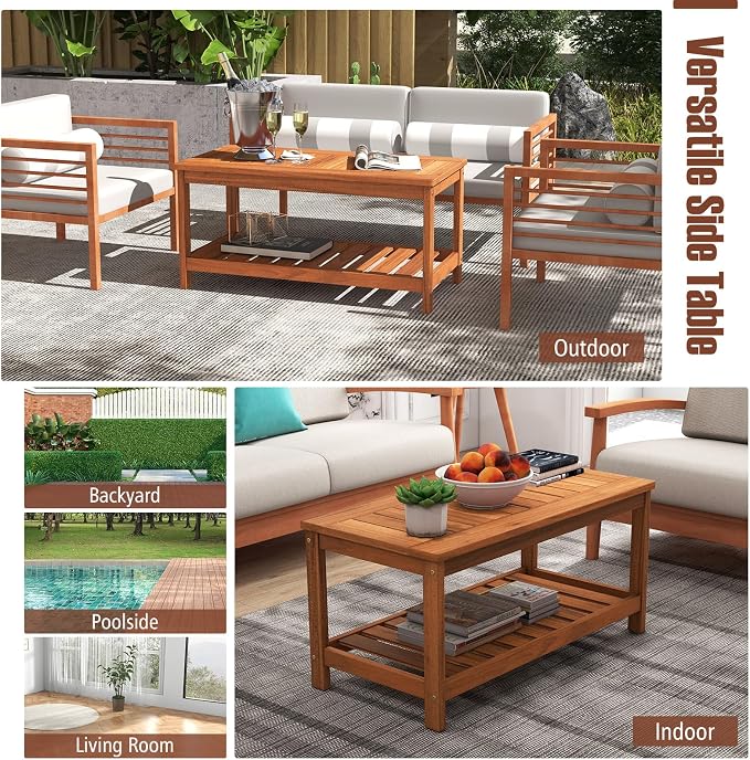 HAPPYGRILL Patio Coffee Table, Double-Tier Side Table with Solid Wood Structure, Slatted Tabletop & Shelf, Outdoor 2-Layer Rectangle Coffee Table for Backyard Porch Balcony