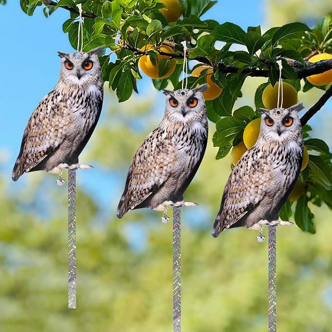 4PCS Hanging Flat Fake Owl to Keep Pigeon Away from Balcony Garden Owls with Reflective Tape Plastic Owl to Scare Woodpecker Squirrel for Tree Outdoor House Outsider Yard Window Patio Porch