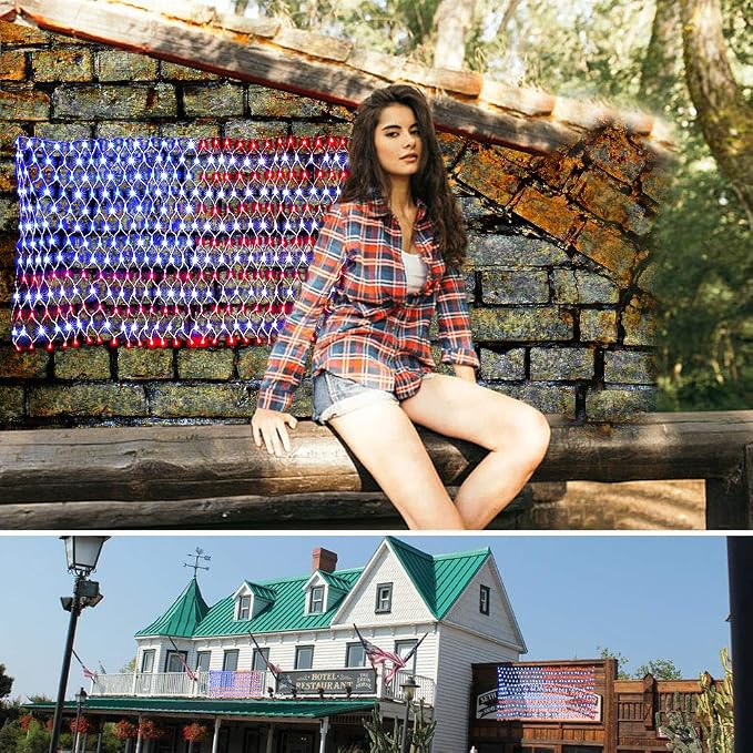 realization American Advanced Flag Lights, 420 LED Solar String Lights, Waterproof Led Flag Net Light of The United States for Memorial Day, Independence Day, 4th of July, Party, Yard Decorations