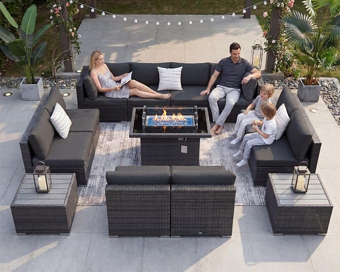 NICESOUL 13 Piece Outdoor Sectional Furniture with Firepit, Contemporary Back Yard Fireplace w/Seating Area, Plus Size 29.3'' High Back Patio Set, All-Weather Wicker Couch for Exterior, Dark Gray
