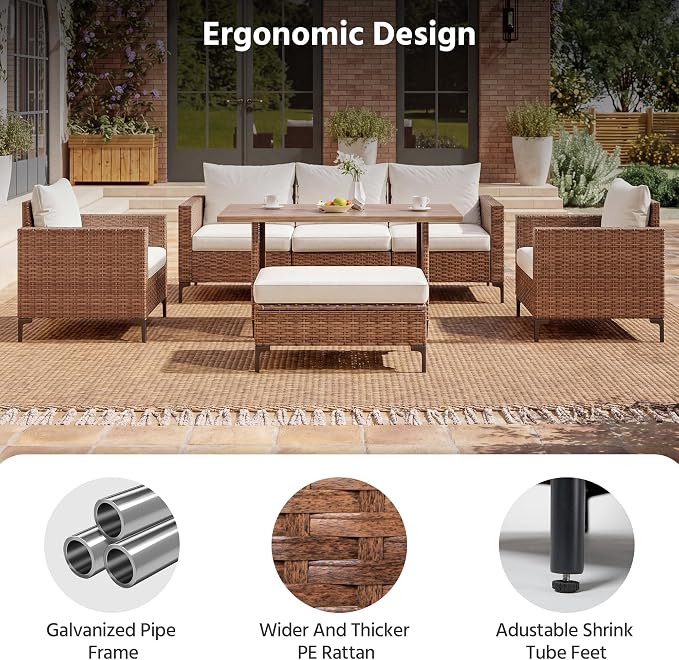 LAUSAINT HOME 5 Pieces Outdoor Patio Furniture Set, PE Wicker Sectional Conversation Sofa with Adjustable Backrests, Storage Ottoman & Wood Table with Umbrella Hole, Beige