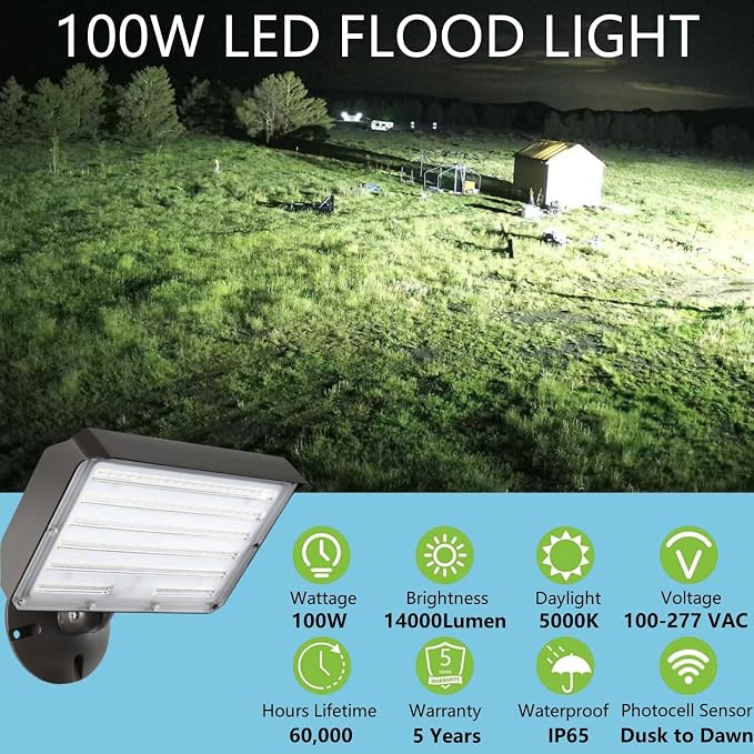 2Pack Dusk to Dawn Outdoor 100W LED Flood Light with Knuckle (Plate Included), 14000LM 1000W Equiv., 100-277V 5000K, ETL Commercial Waterproof LED Floodlight Fixture, Security Lighting for Parking Lot