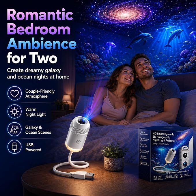 2027 Upgraded Hd Smart Dynamic 5d Holographic Night Light Projector, Plug and Play Hd Star Projector, 360° Adjustable Hd Galaxy and Ocean Projector for Indoor and Outdoor (12 Projection Films)