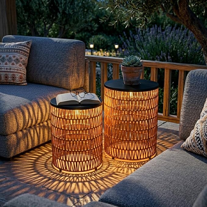 HMVPL Solar Outdoor Side Table for Patio, Round Patio Side Table for Outside, Outdoor End Table Set of 2 with Dimmable Light, Plastic Rattan Accent Table for Poolside Backyard Gazebo, Dusk to Dawn