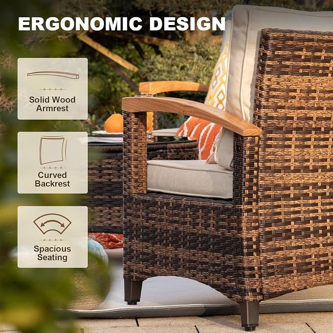 MEISSALIVVE 8 Piece Outdoor Patio Furniture Set, Half-Moon Curved Sectional Set with Wood Armrests, Patio Conversation Set for Porch,Deck,Balcony (Beige)