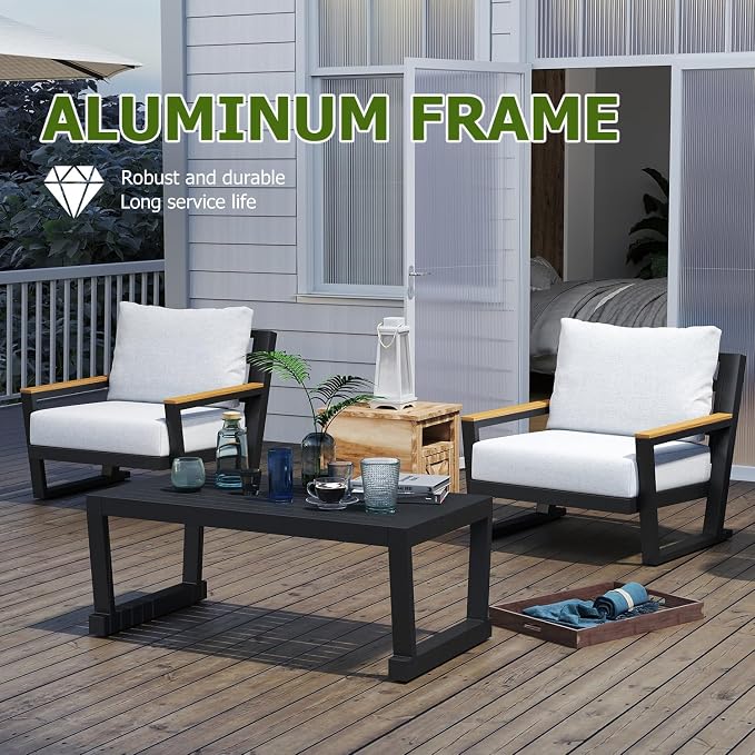 Aluminum Outdoor Patio Furniture Set with Coffee Table,4 Piece Patio Conversation Sets with Washable Thick Cushions, Outdoor Sectional Furniture Set for Porch, Balcony, Deck, Yard, Grey