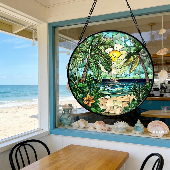 DASTOLL Stained Glass Window Hanging, Green Beach Scenery Suncatcher Diamond Glass Panel Hangings Sun Catchers Decor for Birthday for Women, Men, Wife, Aunt, and Mom 6.3 in