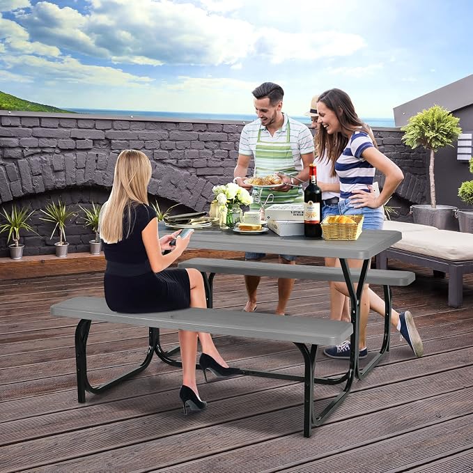 HAPPYGRILL Outdoor Picnic Table Bench Set with Metal Frame & All Weather-Resistant Surface, Camping Table Set for Patio Backyard Poolside Garden Dining Party