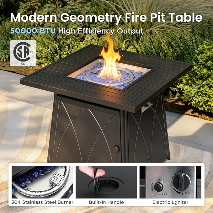 PHI VILLA 5 Piece Patio Furniture Set with 28" Firepit Table, 4 Outdoor 5.75" Cushioned Metal Frame Swivel Sofa Chairs & 28" Gas Firepit Table, Outside Furniture Set for Lawn Garden(Beige)