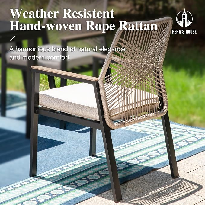 HERA'S HOUSE 7pc Patio Dining Set, 54" Round Table & 6 Rattan Chairs | Metal table with umbrella hole, cushioned chairs. Waterproof, rust-resistant, all-weather for backyard, porch.