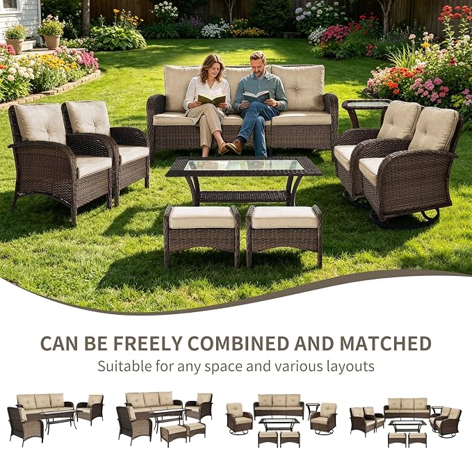 Outdoor Swivel Rocker Patio Chairs (Brown Wicker/Khaki Cushion, 9PC/Sofa & Swivel & Chair &2 Table& Ottomans)