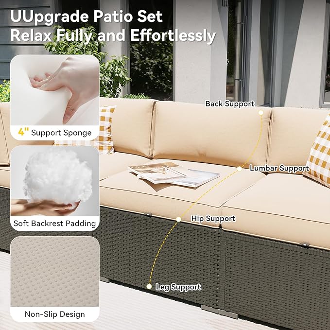 Aoxun Patio Furniture Set, 7 Piece Outdoor Sectional Sofas with Waterprool Cover, Wicker Rattan Outdoor Furniture Patio Conversation Set for Backyard, Garden Beige