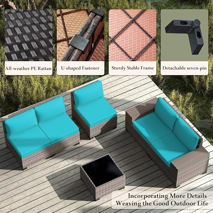 12 PCS Outdoor Patio Furniture Set,Outdoor Sectional Furniture All Weather PE Rattan Wicker Patio Conversation Set with 2 Coffee Tables and 10 Thickened Cushions,Turquoise Blue
