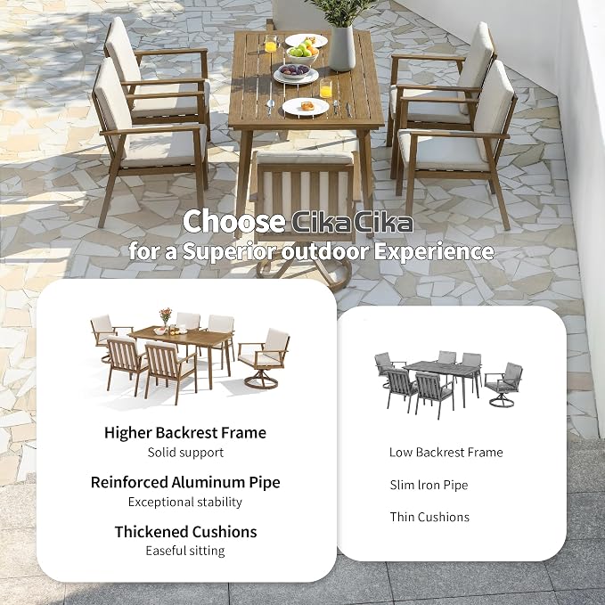 7 Pieces Patio Dining Set for 6, Aluminum Outdoor Dining Table Sets with Umbrella Hole, Modern Outdoor Furniture Set with 2 Swivel Chairs, 4 Dining Chairs and Table for Backyard Poolside,Teak