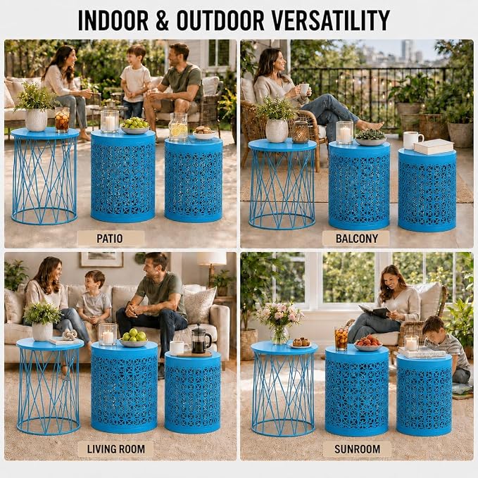 Y&M Outdoor Side Tables, Set of 3 Metal Stacking Patio Side Tables for Outside, Round Indoor End Tables, Coffee Accent Poolside Tables for Patio Garden Balcony, Blue