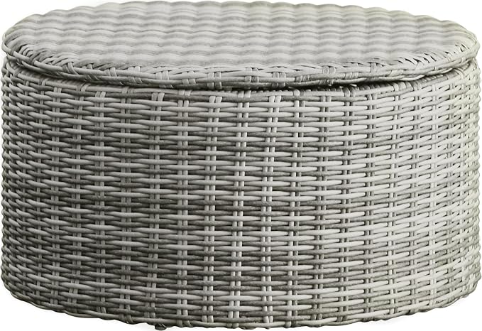 Pemberly Row Contemporary Outdoor Coffee Table, 30-Inch Round Wicker Top, Gray Finish, Weather-Resistant, Hidden Storage, Rust-Resistant Metal Frame, Adjustable Feet, Modern Patio Furniture