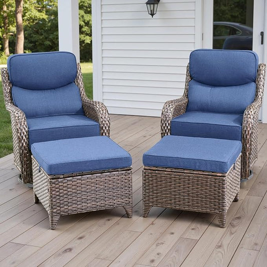 Rilyson Outdoor Patio Furniture Set - Weather Resistant Wicker,High Back,6 inch Cushions,4 Piece Patio Furniture Set with Swivel Rocker Chairs and Ottomans for Deck Porch Yard,Brown/Blue