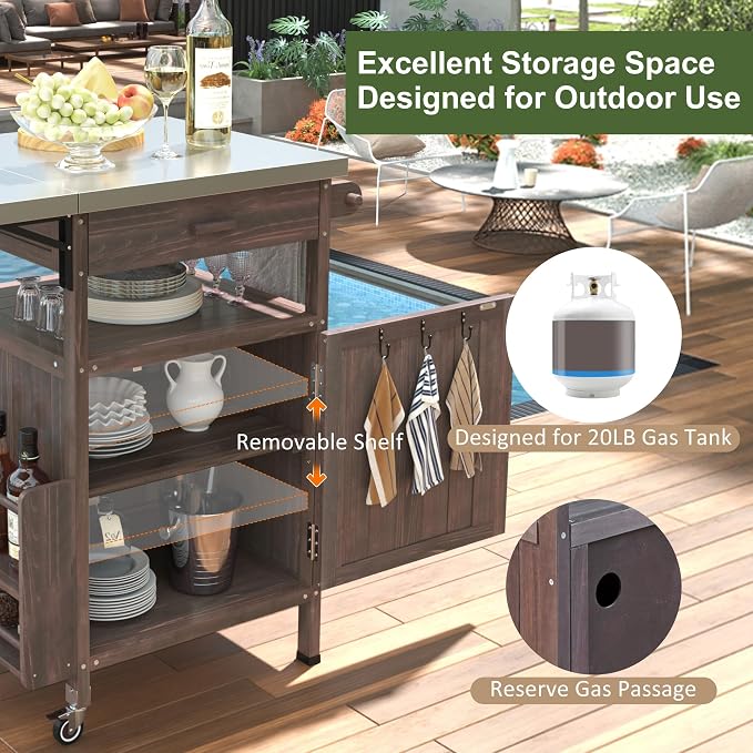 Solid Wood Outdoor Small Grill Table Kitchen Island with Stainless Steel Drop Leaf, Farmhouse Serving Cart with Drawer and Wheels, Outdoor Side Bar Table for Patio, Lawn Garden, Kitchen, Brown