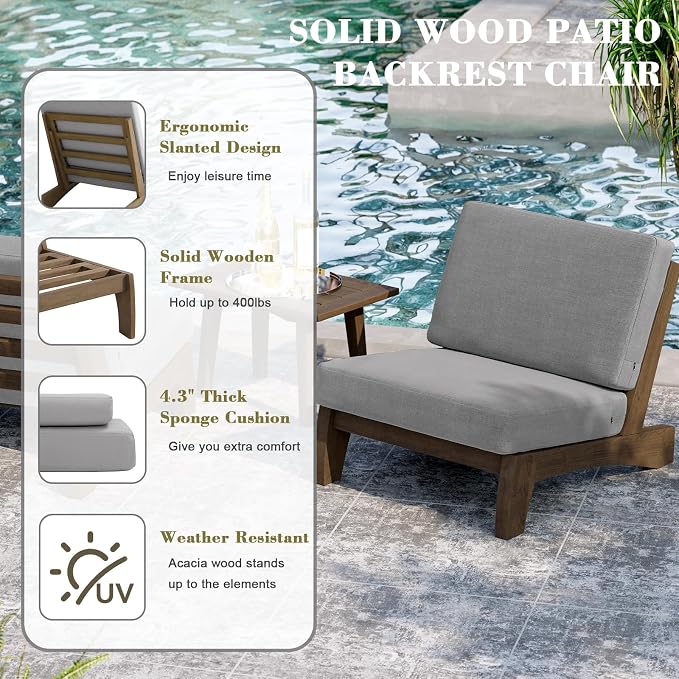 2 Piece Wood Patio Chairs Outdoor Bistro Chair, All Weather Outdoor Furniture Patio Sofa Backyard Seating Group Conversation Sets with Cushions - Gray