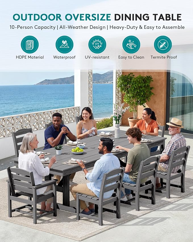 SERWALL 9 Piece Outdoor Dining Set, 84" HDPE Outdoor Table with 6 Armless Chairs and 2 Armchairs ，All Weather Patio Dining Furniture Set with Umbrella Hole for Backyard, Garden, Gray