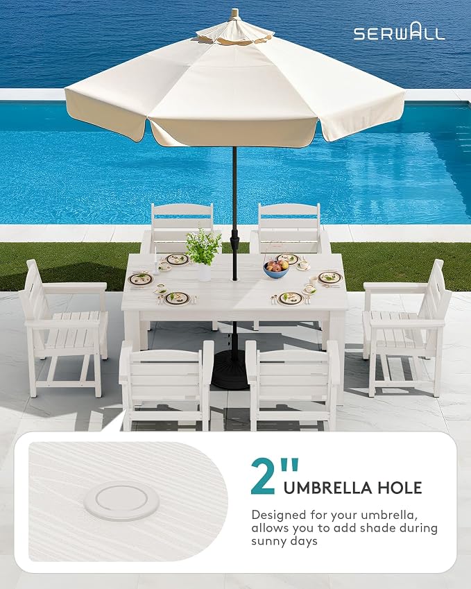 SERWALL 59" HDPE Patio Dining Set for 6, w/ 1 Table & 6 Armchairs, White | All Weather Resistant HDPE Dining Sets for Patio, Garden, Backyard