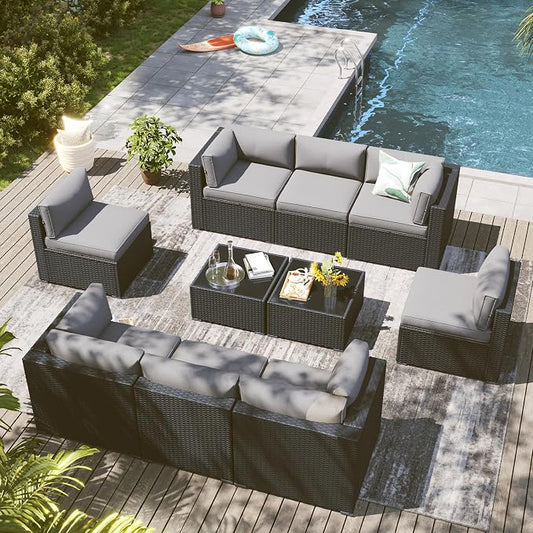 LazySunsets 10 Piece Outdoor Patio Furniture Set with Coffee Table, Outdoor Patio Furniture Sets with 4'' Thicken Cushion, Wicker Rattan Outdoor Conversation Set for Backyard & Garden, Light Grey