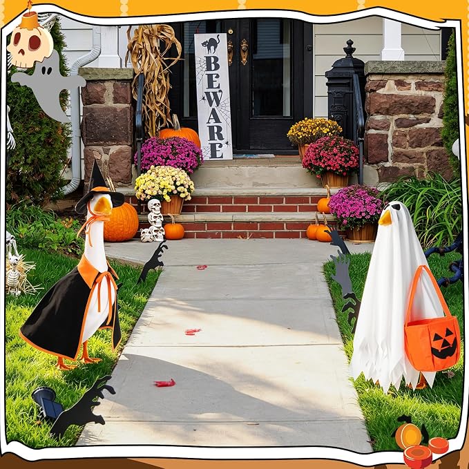 2 Set Halloween Goose Outfit Lawn Porch Goose Cloths Plastic Clothing Fall Halloween Outfit for 17 Inches Outdoor Patio Yard Lawn Art Decoration (Ghost, Witch)
