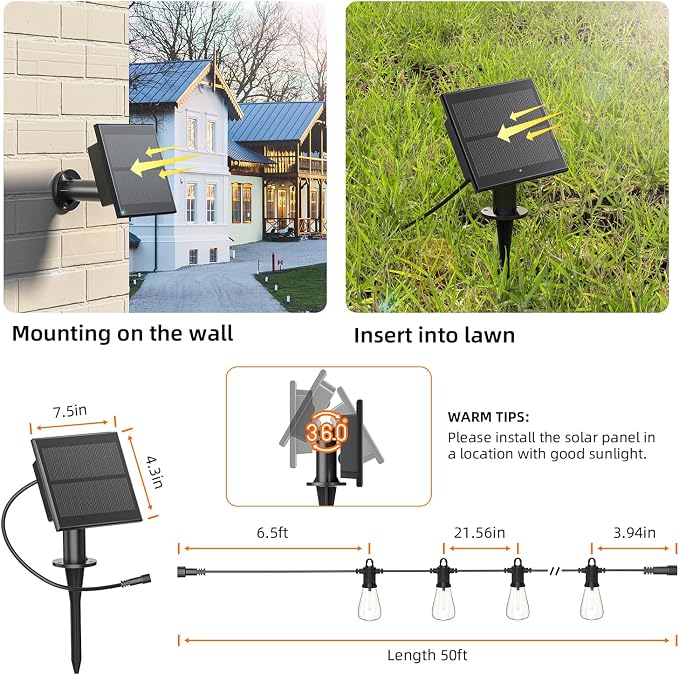 Kawaya Solar Powered String Lights: 50 FT LED Outdoor Patio Hanging Lights with 25+2 Edison Bulbs - USB-Charging - IP65 Waterproof Shatterproof Edison Bulbs for Bistro Cafe Camp Yard Balcony
